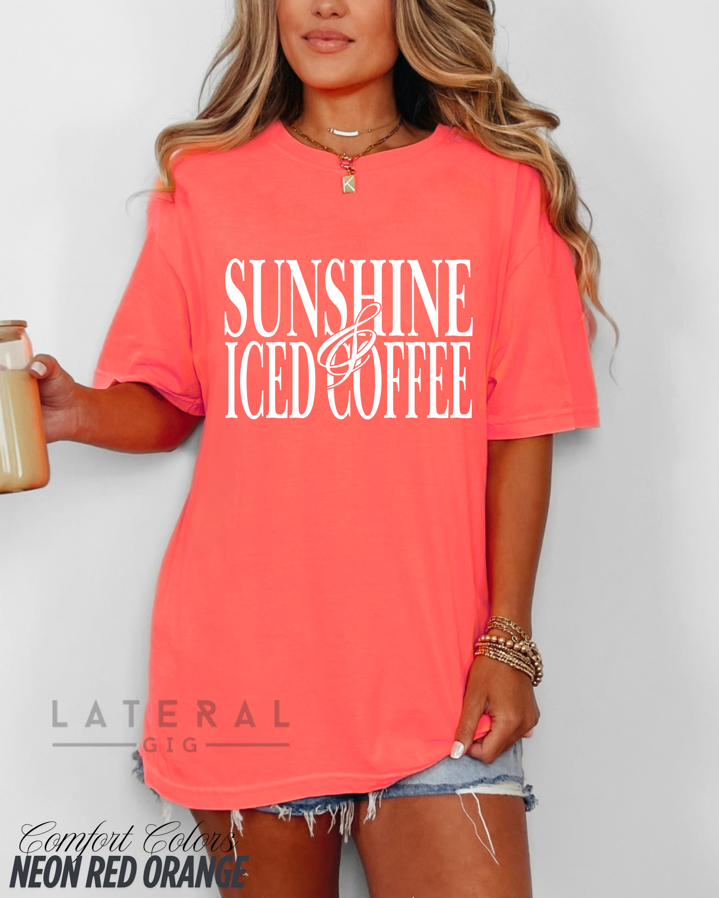 Lateral Gig Sunshine and Iced Coffee Comfort Colors Tshirt Oversized Neon Womenswear Tee Trendy Summer Fashion