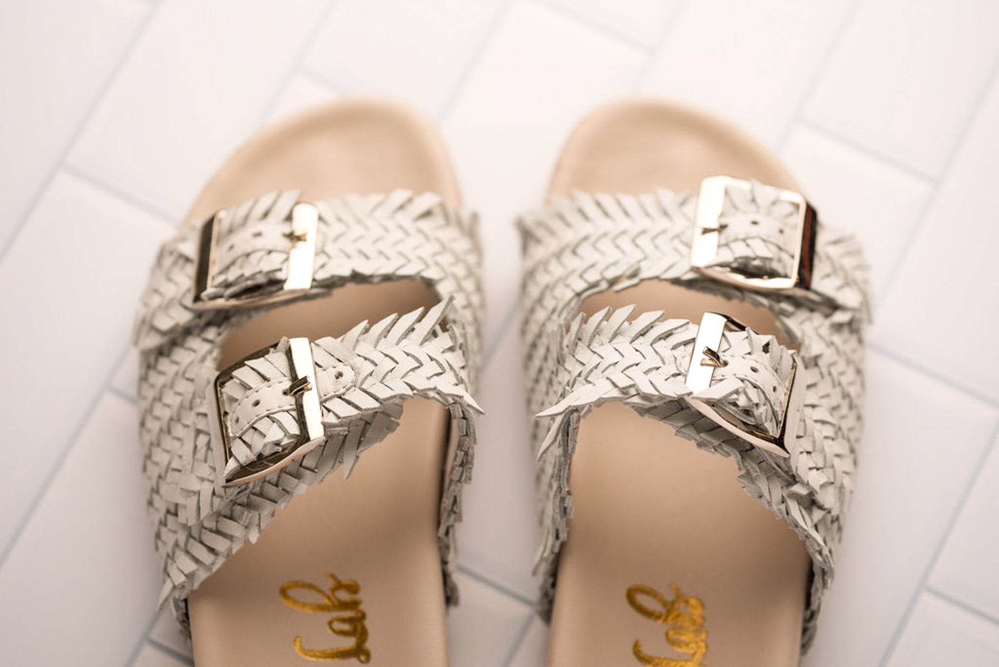 Intertwine Dual Woven Strap Slide in White - Loving God