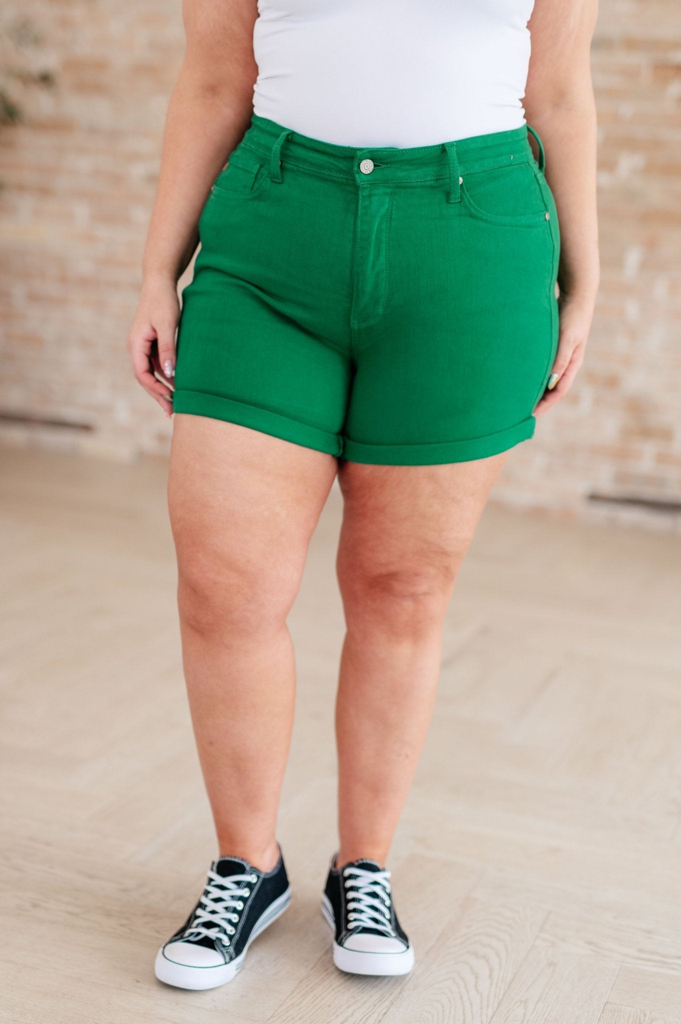 Jenna High Rise Control Top Cuffed Shorts in Green - Loving God