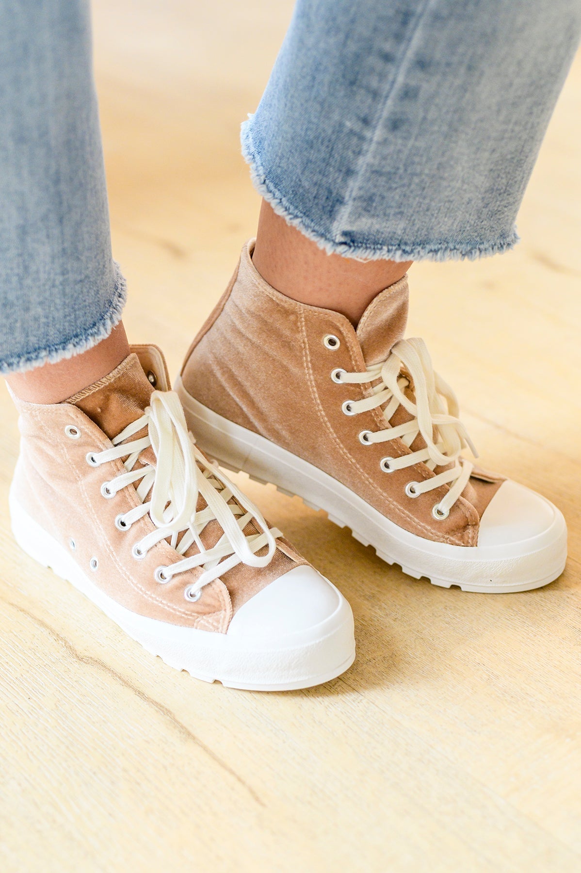 Run Me Down Velvet High Tops in Tan - Loving God